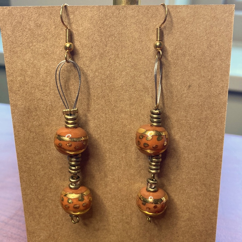 KAZURI Peach & Gold African Earrings - Handmade Beads
